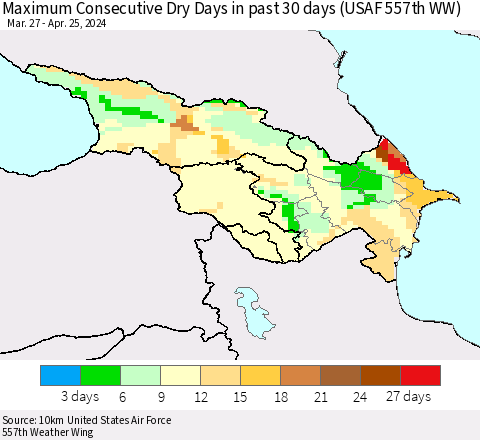 Azerbaijan, Armenia and Georgia Maximum Consecutive Dry Days in past 30 days (USAF 557th WW) 04/25/2024 Thematic Map For 4/21/2024 - 4/25/2024
