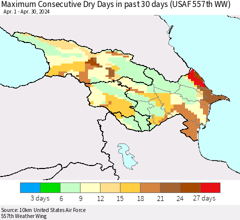 Azerbaijan, Armenia and Georgia Maximum Consecutive Dry Days in past 30 days (USAF 557th WW) 04/30/2024 Thematic Map For 4/26/2024 - 4/30/2024