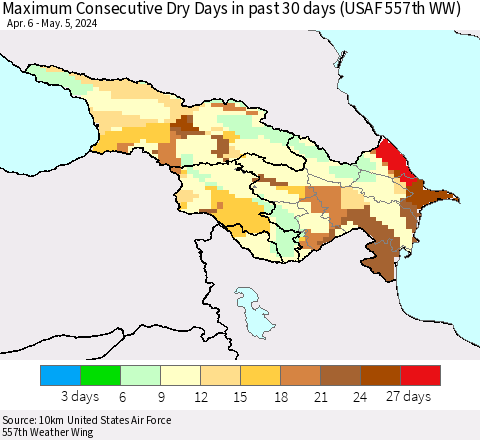 Azerbaijan, Armenia and Georgia Maximum Consecutive Dry Days in past 30 days (USAF 557th WW) 05/05/2024 Thematic Map For 5/1/2024 - 5/5/2024