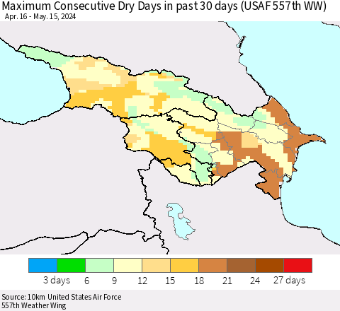 Azerbaijan, Armenia and Georgia Maximum Consecutive Dry Days in past 30 days (USAF 557th WW) 05/15/2024 Thematic Map For 5/11/2024 - 5/15/2024