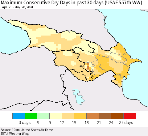 Azerbaijan, Armenia and Georgia Maximum Consecutive Dry Days in past 30 days (USAF 557th WW) 05/20/2024 Thematic Map For 5/16/2024 - 5/20/2024