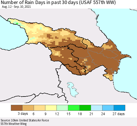 Azerbaijan, Armenia and Georgia Number of Rain Days in past 30 days (USAF 557th WW) 09/10/2021 Thematic Map For 9/6/2021 - 9/10/2021