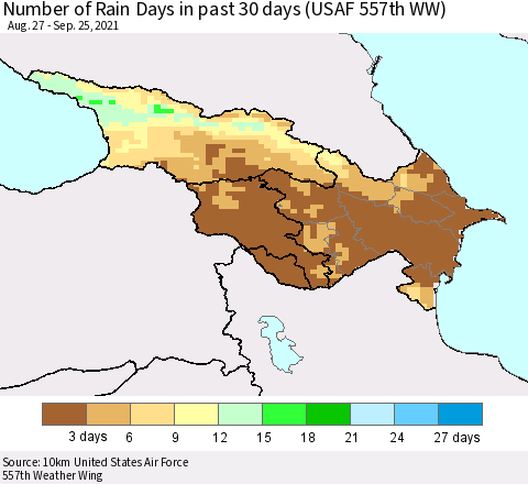 Azerbaijan, Armenia and Georgia Number of Rain Days in past 30 days (USAF 557th WW) 09/25/2021 Thematic Map For 9/21/2021 - 9/25/2021