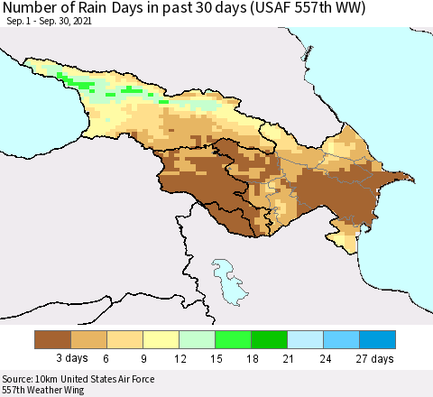 Azerbaijan, Armenia and Georgia Number of Rain Days in past 30 days (USAF 557th WW) 09/30/2021 Thematic Map For 9/26/2021 - 9/30/2021