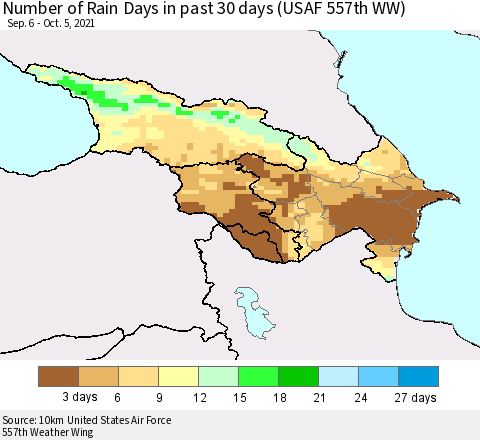 Azerbaijan, Armenia and Georgia Number of Rain Days in past 30 days (USAF 557th WW) 10/05/2021 Thematic Map For 10/1/2021 - 10/5/2021