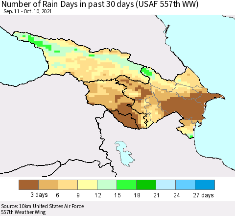 Azerbaijan, Armenia and Georgia Number of Rain Days in past 30 days (USAF 557th WW) 10/10/2021 Thematic Map For 10/6/2021 - 10/10/2021