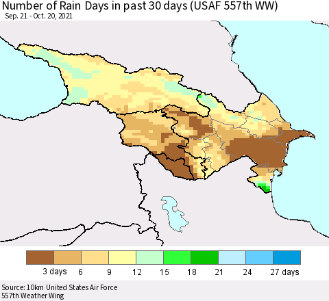 Azerbaijan, Armenia and Georgia Number of Rain Days in past 30 days (USAF 557th WW) 10/20/2021 Thematic Map For 10/16/2021 - 10/20/2021