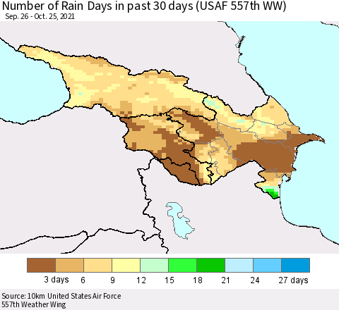 Azerbaijan, Armenia and Georgia Number of Rain Days in past 30 days (USAF 557th WW) 10/25/2021 Thematic Map For 10/21/2021 - 10/25/2021