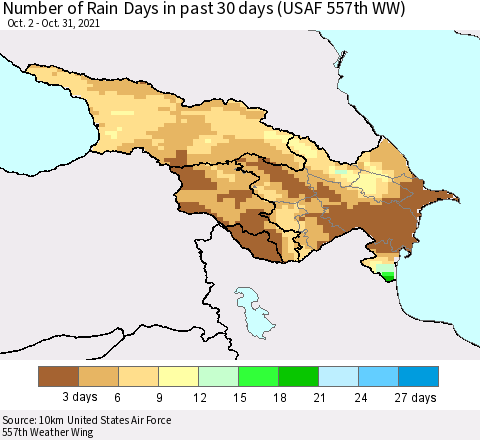 Azerbaijan, Armenia and Georgia Number of Rain Days in past 30 days (USAF 557th WW) 10/31/2021 Thematic Map For 10/26/2021 - 10/31/2021