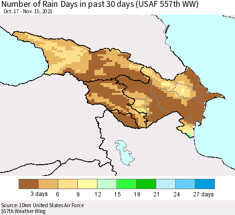 Azerbaijan, Armenia and Georgia Number of Rain Days in past 30 days (USAF 557th WW) 11/15/2021 Thematic Map For 11/11/2021 - 11/15/2021