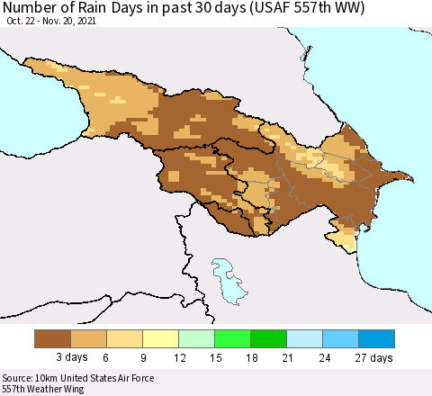 Azerbaijan, Armenia and Georgia Number of Rain Days in past 30 days (USAF 557th WW) 11/20/2021 Thematic Map For 11/16/2021 - 11/20/2021