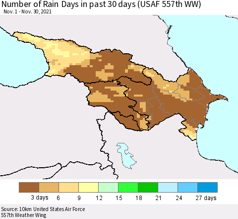 Azerbaijan, Armenia and Georgia Number of Rain Days in past 30 days (USAF 557th WW) 11/30/2021 Thematic Map For 11/26/2021 - 11/30/2021