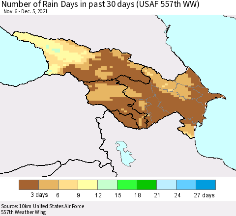 Azerbaijan, Armenia and Georgia Number of Rain Days in past 30 days (USAF 557th WW) 12/05/2021 Thematic Map For 12/1/2021 - 12/5/2021