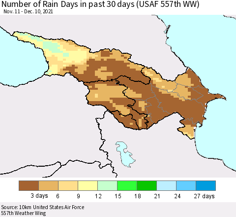 Azerbaijan, Armenia and Georgia Number of Rain Days in past 30 days (USAF 557th WW) 12/10/2021 Thematic Map For 12/6/2021 - 12/10/2021