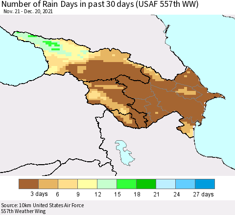 Azerbaijan, Armenia and Georgia Number of Rain Days in past 30 days (USAF 557th WW) 12/20/2021 Thematic Map For 12/16/2021 - 12/20/2021