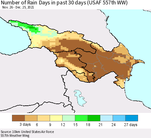Azerbaijan, Armenia and Georgia Number of Rain Days in past 30 days (USAF 557th WW) 12/25/2021 Thematic Map For 12/21/2021 - 12/25/2021