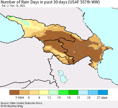 Azerbaijan, Armenia and Georgia Number of Rain Days in past 30 days (USAF 557th WW) 12/31/2021 Thematic Map For 12/26/2021 - 12/31/2021