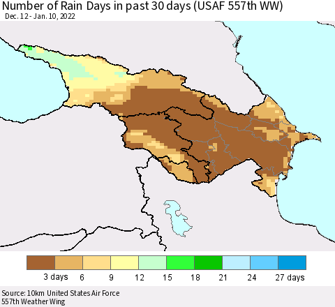 Azerbaijan, Armenia and Georgia Number of Rain Days in past 30 days (USAF 557th WW) 01/10/2022 Thematic Map For 1/6/2022 - 1/10/2022