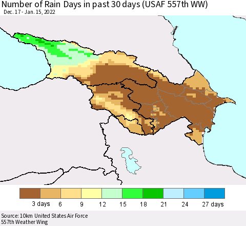 Azerbaijan, Armenia and Georgia Number of Rain Days in past 30 days (USAF 557th WW) 01/15/2022 Thematic Map For 1/11/2022 - 1/15/2022