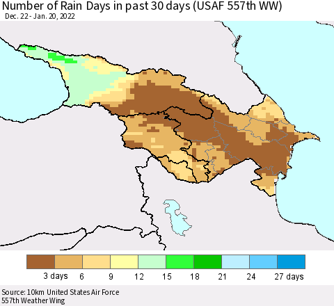 Azerbaijan, Armenia and Georgia Number of Rain Days in past 30 days (USAF 557th WW) 01/20/2022 Thematic Map For 1/16/2022 - 1/20/2022