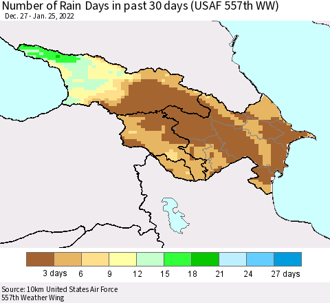 Azerbaijan, Armenia and Georgia Number of Rain Days in past 30 days (USAF 557th WW) 01/25/2022 Thematic Map For 1/21/2022 - 1/25/2022