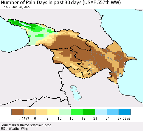 Azerbaijan, Armenia and Georgia Number of Rain Days in past 30 days (USAF 557th WW) 01/31/2022 Thematic Map For 1/26/2022 - 1/31/2022