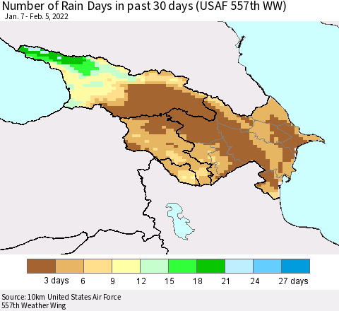 Azerbaijan, Armenia and Georgia Number of Rain Days in past 30 days (USAF 557th WW) 02/05/2022 Thematic Map For 2/1/2022 - 2/5/2022