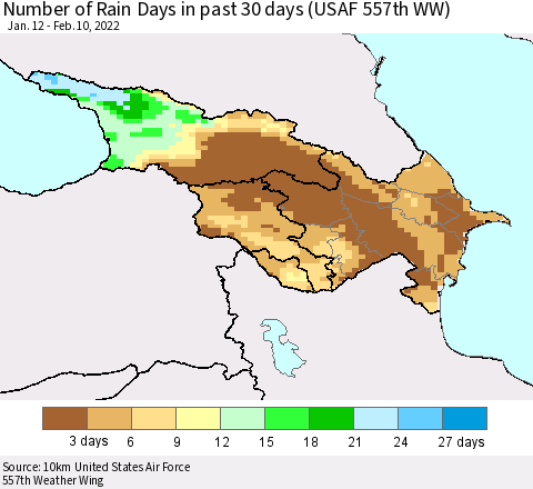 Azerbaijan, Armenia and Georgia Number of Rain Days in past 30 days (USAF 557th WW) 02/10/2022 Thematic Map For 2/6/2022 - 2/10/2022