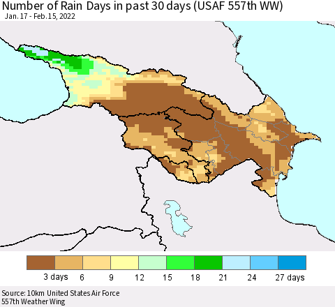 Azerbaijan, Armenia and Georgia Number of Rain Days in past 30 days (USAF 557th WW) 02/15/2022 Thematic Map For 2/11/2022 - 2/15/2022