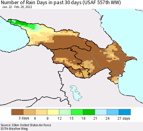 Azerbaijan, Armenia and Georgia Number of Rain Days in past 30 days (USAF 557th WW) 02/20/2022 Thematic Map For 2/16/2022 - 2/20/2022