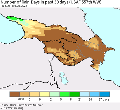Azerbaijan, Armenia and Georgia Number of Rain Days in past 30 days (USAF 557th WW) 02/28/2022 Thematic Map For 2/26/2022 - 2/28/2022