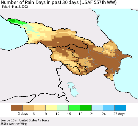 Azerbaijan, Armenia and Georgia Number of Rain Days in past 30 days (USAF 557th WW) 03/05/2022 Thematic Map For 3/1/2022 - 3/5/2022