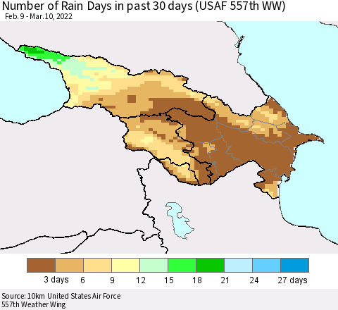 Azerbaijan, Armenia and Georgia Number of Rain Days in past 30 days (USAF 557th WW) 03/10/2022 Thematic Map For 3/6/2022 - 3/10/2022