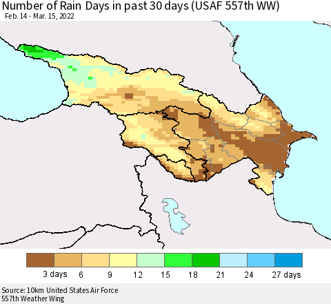 Azerbaijan, Armenia and Georgia Number of Rain Days in past 30 days (USAF 557th WW) 03/15/2022 Thematic Map For 3/11/2022 - 3/15/2022