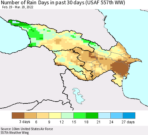 Azerbaijan, Armenia and Georgia Number of Rain Days in past 30 days (USAF 557th WW) 03/20/2022 Thematic Map For 3/16/2022 - 3/20/2022