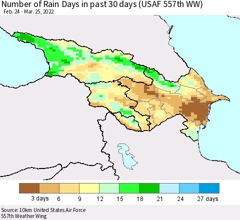 Azerbaijan, Armenia and Georgia Number of Rain Days in past 30 days (USAF 557th WW) 03/25/2022 Thematic Map For 3/21/2022 - 3/25/2022