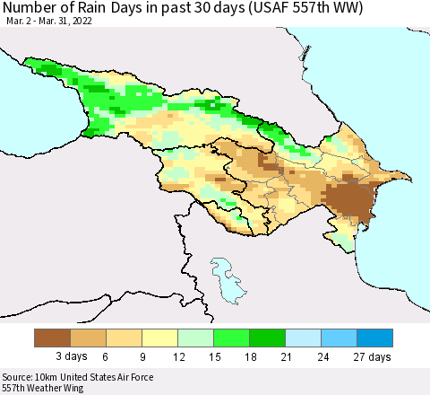 Azerbaijan, Armenia and Georgia Number of Rain Days in past 30 days (USAF 557th WW) 03/31/2022 Thematic Map For 3/26/2022 - 3/31/2022