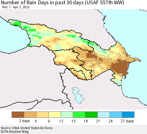 Azerbaijan, Armenia and Georgia Number of Rain Days in past 30 days (USAF 557th WW) 04/05/2022 Thematic Map For 4/1/2022 - 4/5/2022