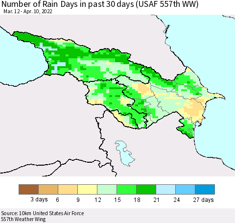 Azerbaijan, Armenia and Georgia Number of Rain Days in past 30 days (USAF 557th WW) 04/10/2022 Thematic Map For 4/6/2022 - 4/10/2022