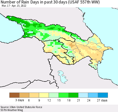 Azerbaijan, Armenia and Georgia Number of Rain Days in past 30 days (USAF 557th WW) 04/15/2022 Thematic Map For 4/11/2022 - 4/15/2022