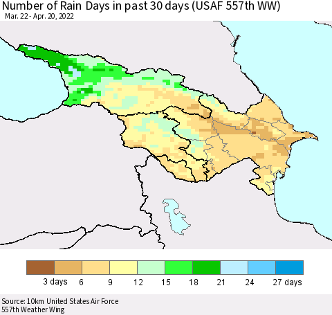 Azerbaijan, Armenia and Georgia Number of Rain Days in past 30 days (USAF 557th WW) 04/20/2022 Thematic Map For 4/16/2022 - 4/20/2022