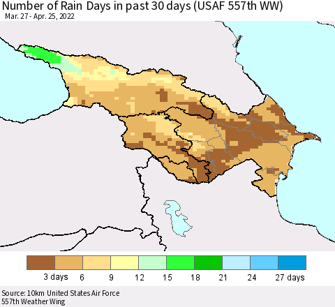 Azerbaijan, Armenia and Georgia Number of Rain Days in past 30 days (USAF 557th WW) 04/25/2022 Thematic Map For 4/21/2022 - 4/25/2022