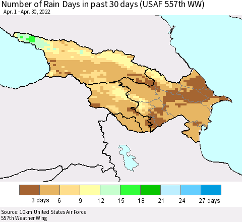 Azerbaijan, Armenia and Georgia Number of Rain Days in past 30 days (USAF 557th WW) 04/30/2022 Thematic Map For 4/26/2022 - 4/30/2022