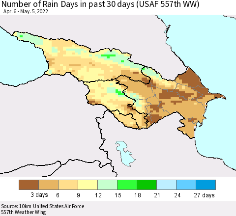 Azerbaijan, Armenia and Georgia Number of Rain Days in past 30 days (USAF 557th WW) 05/05/2022 Thematic Map For 5/1/2022 - 5/5/2022