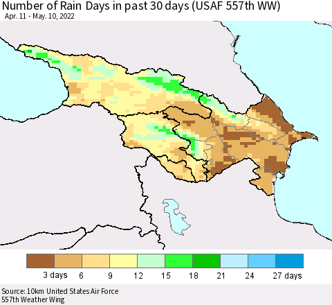 Azerbaijan, Armenia and Georgia Number of Rain Days in past 30 days (USAF 557th WW) 05/10/2022 Thematic Map For 5/6/2022 - 5/10/2022