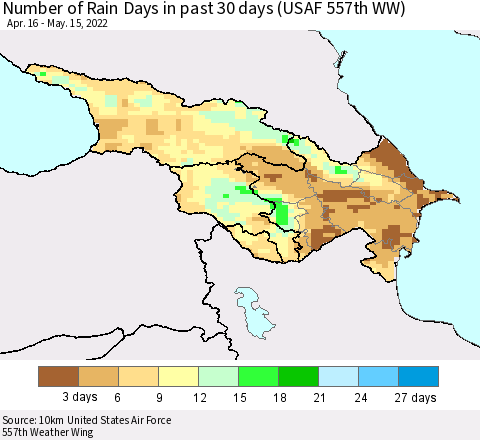 Azerbaijan, Armenia and Georgia Number of Rain Days in past 30 days (USAF 557th WW) 05/15/2022 Thematic Map For 5/11/2022 - 5/15/2022