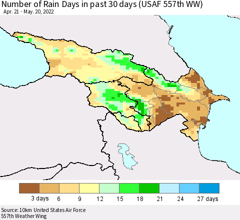 Azerbaijan, Armenia and Georgia Number of Rain Days in past 30 days (USAF 557th WW) 05/20/2022 Thematic Map For 5/16/2022 - 5/20/2022