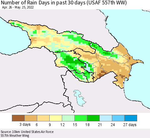 Azerbaijan, Armenia and Georgia Number of Rain Days in past 30 days (USAF 557th WW) 05/25/2022 Thematic Map For 5/21/2022 - 5/25/2022