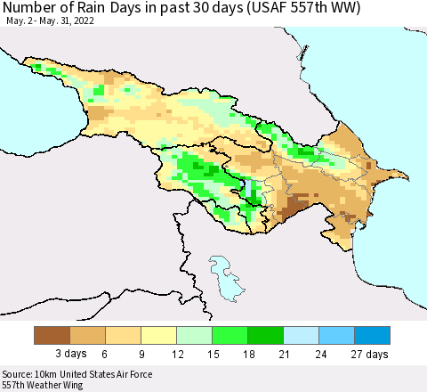 Azerbaijan, Armenia and Georgia Number of Rain Days in past 30 days (USAF 557th WW) 05/31/2022 Thematic Map For 5/26/2022 - 5/31/2022