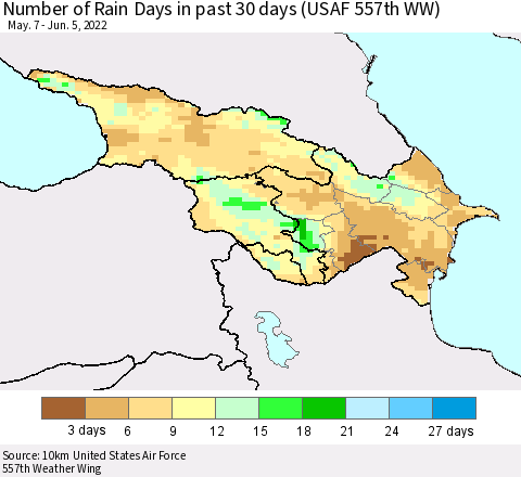 Azerbaijan, Armenia and Georgia Number of Rain Days in past 30 days (USAF 557th WW) 06/05/2022 Thematic Map For 6/1/2022 - 6/5/2022